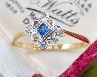 Anillo de diamantes y zafiro Art Déco, oro amarillo de 18 quilates y platino, anillo de compromiso de zafiro antiguo, regalo de joyería de la década de 1930