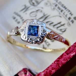 18ct Yellow Gold and Platinum Art Deco Sapphire & Diamond Ring – size approx: P.5(UK) - Vintage Engagement Ring