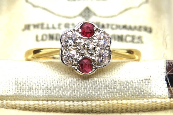 Art Deco Ruby and Diamond Ring ~ set in 18ct Yello