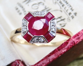 9ct 375 Yellow Gold Art Deco Style Ruby and Diamond Ring – size approx: M(UK) approx 6.75(US).