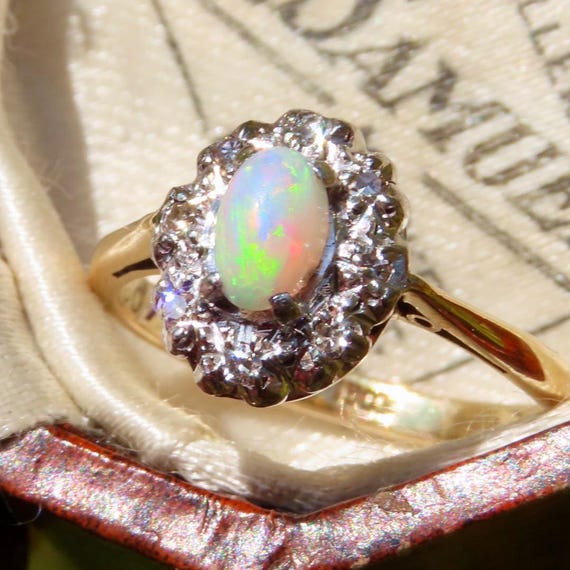 Vintage Opal and Diamond Cluster Ring set in 18ct Yellow Gold