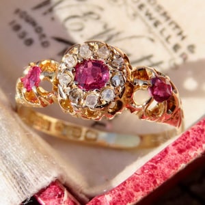 Victorian Ruby & Diamond Cluster Ring | 18ct Yellow Gold Antique Statement Ring