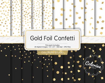 Papel digital con confeti de lámina dorada, fondos en blanco, negro y dorado, papel para álbumes de recortes con estrellas, puntos y formas (descarga digital).