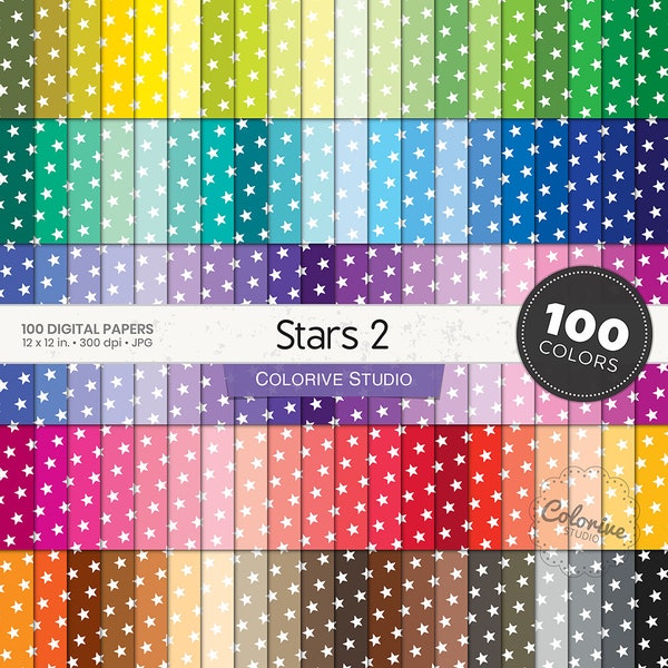 Stars 2 digital paper 100 rainbow colors small diagonal white stars background pattern bright pastel printable scrapbook papers