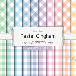 Pastel Gingham digital paper, diagonal and straight gingham pattern in soft rainbow pastel colors, scrapbook papers (Instant Download)