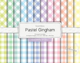 Pastel Gingham digital paper, diagonal and straight gingham pattern in soft rainbow pastel colors, scrapbook papers (Instant Download)