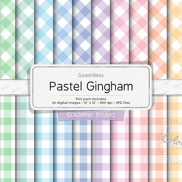 Pastell Gingham digitales Papier, diagonales und gerades Vichykaro in sanften Regenbogen-Pastellfarben, Scrapbookpapiere (Instant Download)