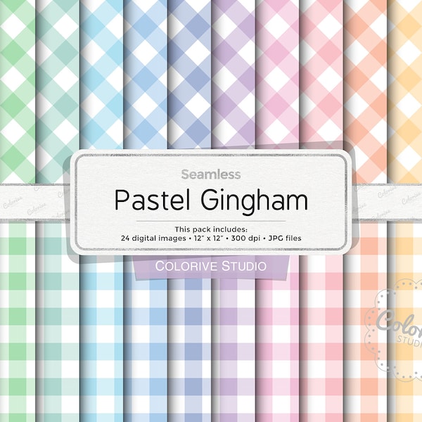 Pastel Gingham digital paper, diagonal and straight gingham pattern in soft rainbow pastel colors, scrapbook papers (Instant Download)