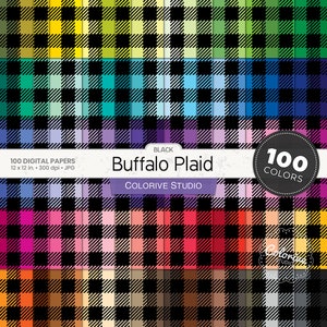Buffalo Plaid digital paper 100 rainbow colors black buffalo check textile pattern bright pastel printable scrapbook papers commercial use
