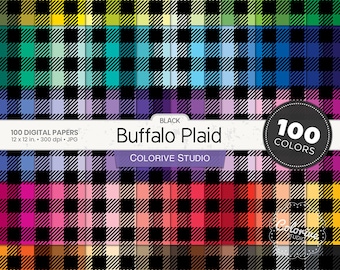 Buffalo Plaid digital paper 100 rainbow colors black buffalo check textile pattern bright pastel printable scrapbook papers commercial use