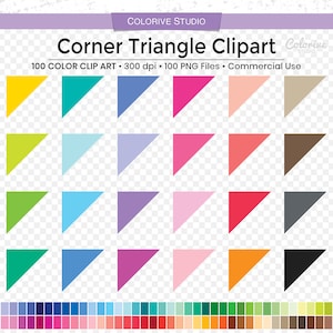 May include: A set of 100 corner triangle clipart images in various colors. The triangles are arranged in a grid pattern, with each row featuring a different color scheme. The colors include yellow, green, blue, purple, pink, red, orange, brown, gray, and black.