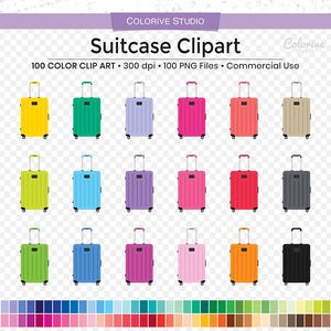 100 imágenes prediseñadas de maletas, colores del arco iris, equipaje de viaje, vacaciones, imágenes prediseñadas, planificador, pegatinas, suministros para uso personal y comercial