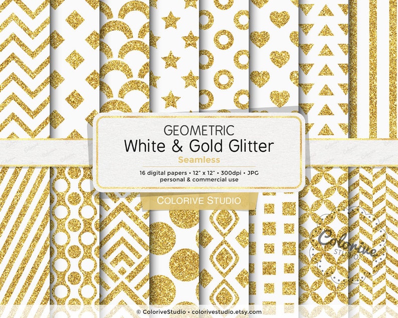 Download White & Gold Glitter digital paper geometric gold glitter ...
