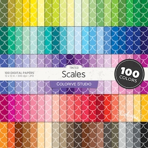 Getint schubben digitaal papier 100 regenboogkleuren visschubben zeemeermin schubben patroon heldere pastel achtergrond afdrukbare plakboekpapieren