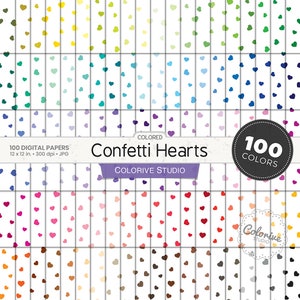 Carta digitale colorata Confetti Hearts 100 colori arcobaleno coriandoli cuori che cadono amore festa carte scrapbook stampabili pastello brillante