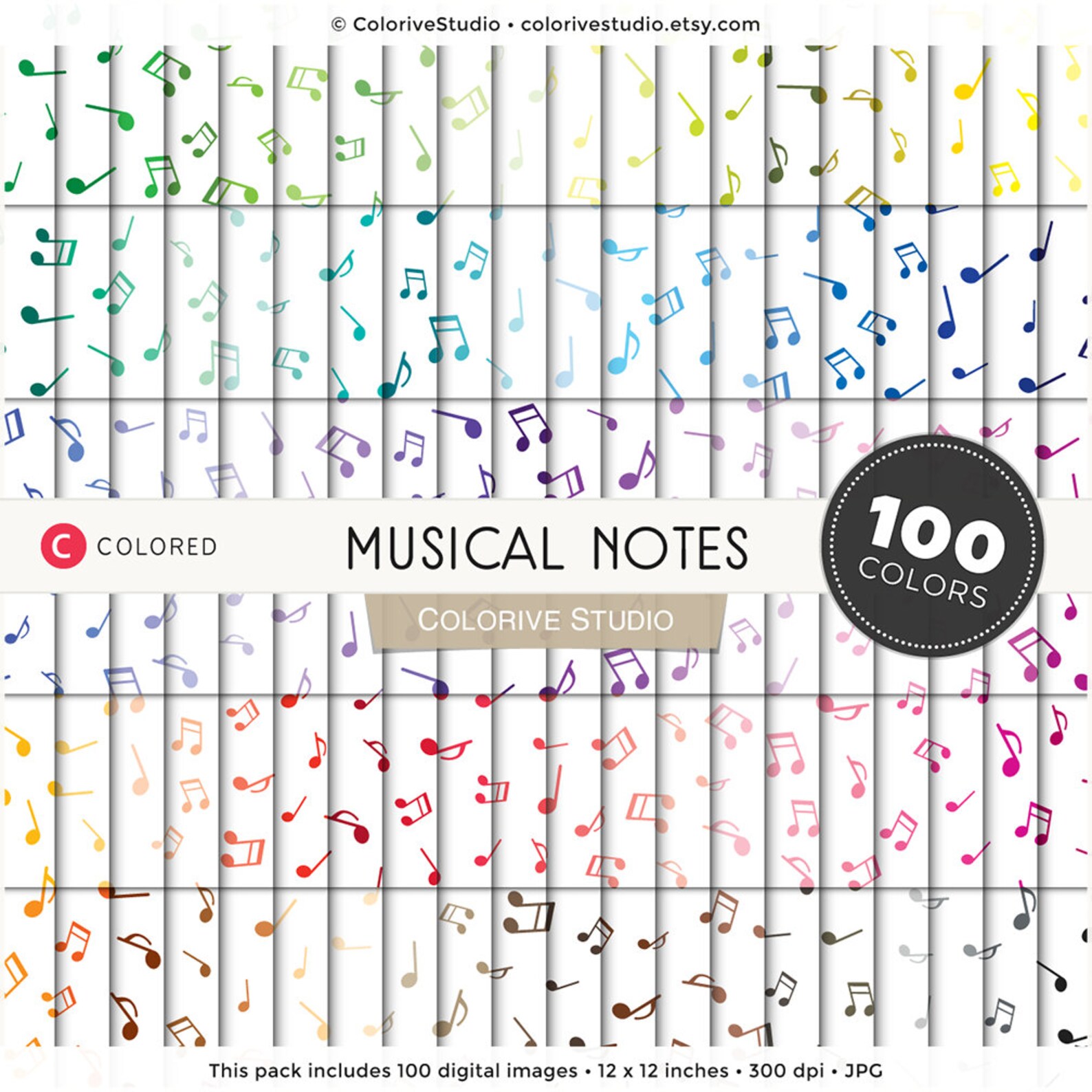 Colored Musical Notes digital paper 100 rainbow colors fun | Etsy