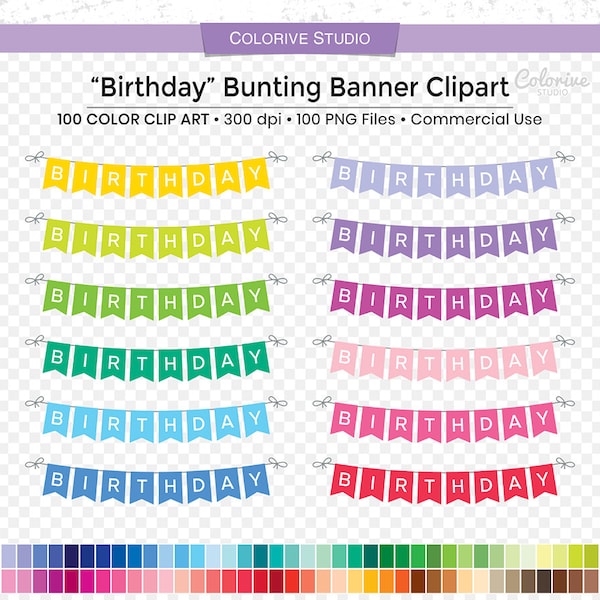 100 Birthday Bunting Banner clipart rainbow colors birth day pennant banner png illustration planner stickers personal and commercial use