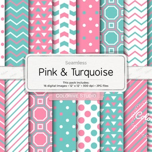 Pink & Turquoise digital paper, stripes polka dot arrows waves geometric patterns printable scrapbook papers personal and commercial use