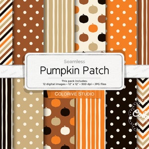May include: A collection of 12 digital images with various fall-themed patterns. Designs include stripes, polka dots, and pumpkin motifs in shades of brown, orange, and beige. Each image is 12 x 12 inches.