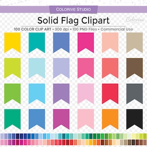 May include: A set of 100 solid color flag clipart images in PNG format. The flags are in various colors, including yellow, green, blue, purple, pink, red, orange, brown, gray, and black. The flags are 300 dpi and are for commercial use.