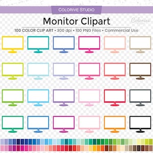 May include: A collection of colorful monitor clip art in various colors, including yellow, teal, blue, pink, peach, and brown. The image includes the text "Monitor Clipart" and "100 COLOR CLIP ART".
