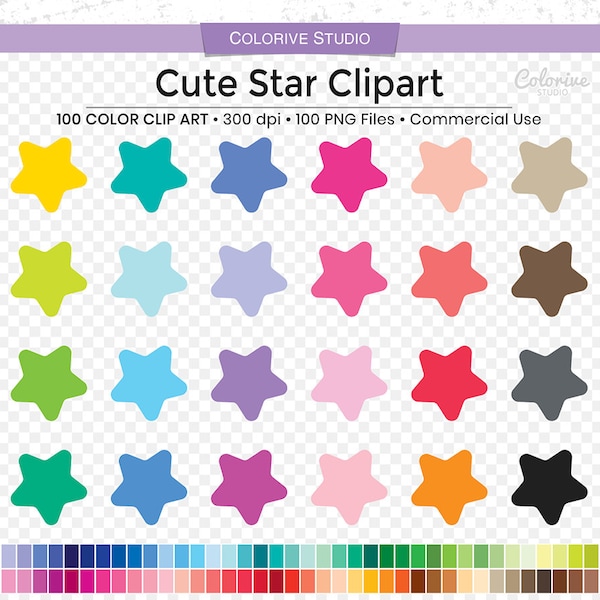 100 Round Star clipart rainbow colors cute rounded stars png illustration planner stickers personal and commercial use