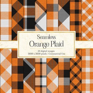 May include: A collection of 24 digital images featuring seamless orange, black, and white plaid patterns. The central text reads Seamless Orange Plaid, 24 digital images, 3600 x 3600 pixels, Commercial Use. The patterns include various checkered designs.