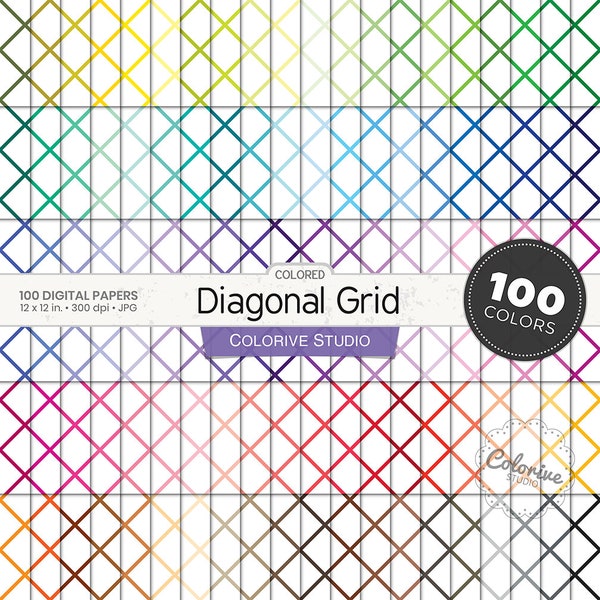 Colored Diagonal Grid digital paper 100 rainbow colors diamond lattice grid cross lines oattern bright pastel printable scrapbook papers