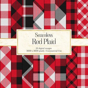 Könnte beinhalten: Eine Sammlung von 24 nahtlosen digitalen Mustern in rotem Schottenkaro mit verschiedenen Karos und diagonalen Linien in Rot, Schwarz und Weiß. Der zentrale Text lautet Seamless Red Plaid, 24 digital images, 3600 x 3600 pixels, Commercial Use.