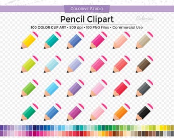 May include: A collection of colorful pencil clipart in various shades, including yellow, green, blue, pink, and brown. Each pencil has a pink eraser and a black tip. The image also includes the text "Pencil Clipart" and "Colorive Studio".