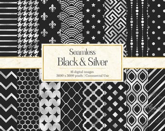 Carta digitale nera e argento: eleganti motivi geometrici senza soluzione di continuità per scrapbooking (download immediato)