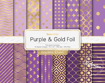 Papel digital con lámina dorada púrpura, patrones sin costuras en lila lavanda, fondos imprimibles para álbumes de recortes (descarga digital)