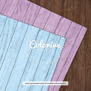 Puede incluir: Dos fondos de papel digital con textura de madera, uno azul claro y otro rosa claro, con un c&iacute;rculo blanco que contiene el texto "Colorive Studio".