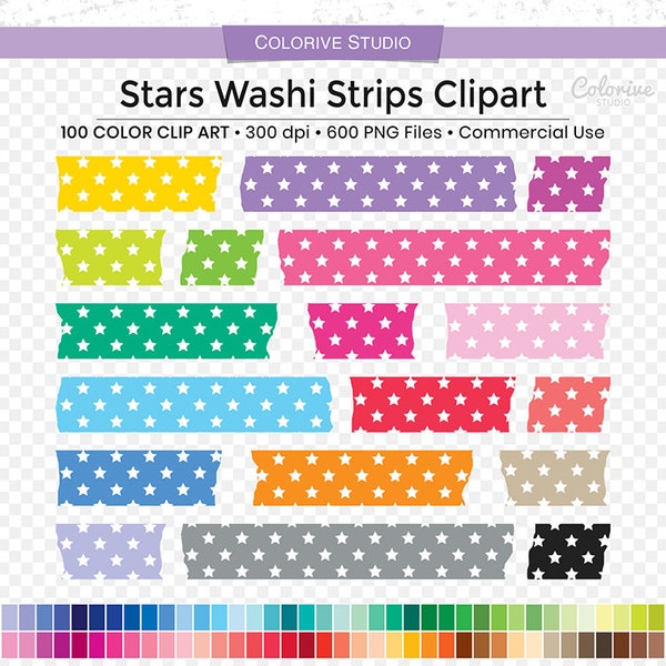 600 Stars Washi Strips Clipart 100 rainbow colors night star washi tape megapack scrapbooking planner clipart planner stickers supplies