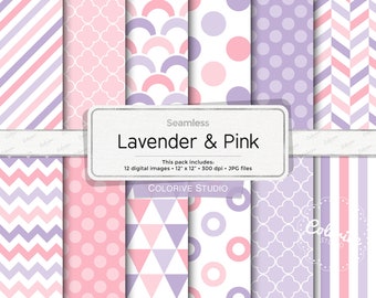 Lavender & Pink digital paper, geometric patterns, polka dot, chevron, stripes, quatrefoil, scrapbook papers (Instant Download)