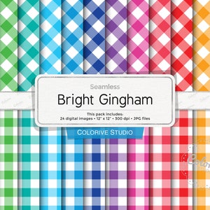 Bright Gingham digitaal papier, diagonaal en recht gingangpatroon in felle regenboogkleuren, plakboekpapier (directe download)