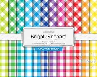 Bright Gingham digital paper, diagonal and straight gingham pattern in bright rainbow colors, scrapbook papers (Instant Download)