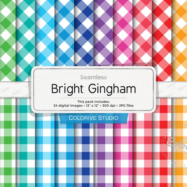 Bright Gingham digital paper, diagonal and straight gingham pattern in bright rainbow colors, scrapbook papers (Instant Download)