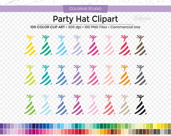 May include: A digital collection of party hat clipart featuring 100 individual PNG files in various colors with diagonal stripes. The image displays the text Party Hat Clipart, 100 COLOR CLIP ART, 300 dpi, 100 PNG Files, Commercial Use, and a color palette.