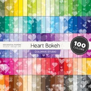 Heart Bokeh digital paper 100 rainbow colors love heart bokeh background pattern bright pastel printable scrapbook papers commercial use