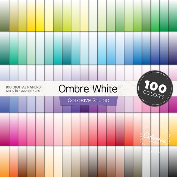 Ombre digital paper 100 rainbow colors ombre white to color ombre background bright pastel printable scrapbook papers commercial use