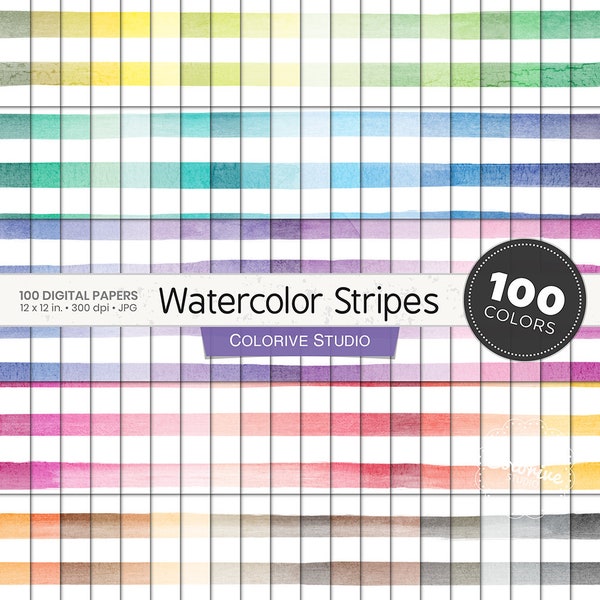 Watercolor Stripes digital paper 100 rainbow colors water colour horizontal stripes pattern bright pastel printable scrapbook papers