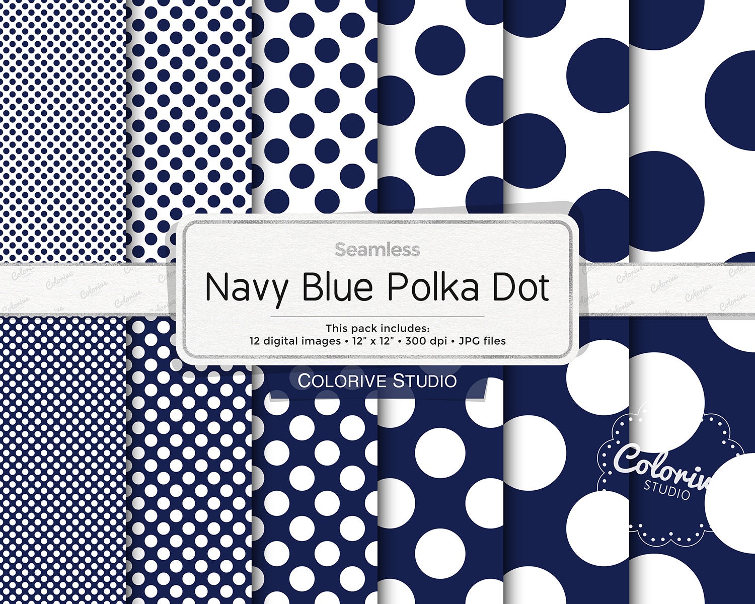 Navy Blue Polka Dot Digital Paper, Small Blue Polka Dot, Big