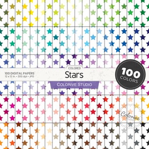 Colored Stars digital paper 100 rainbow colors star geometric starry background pattern bright pastel printable scrapbook papers