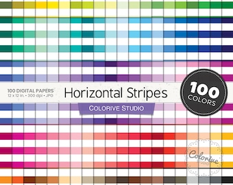 Horizontal Stripes digital paper 100 rainbow colors white striped background pattern bright pastel printable scrapbook papers
