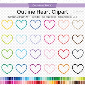 100 Outline Heart clipart in rainbow colors solid flat hearts frame clipart png illustration planner stickers personal and commercial use