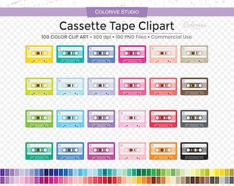 100 Cassette Tape clipart rainbow colors retro record music audio tape png illustration planner stickers personal and commercial use