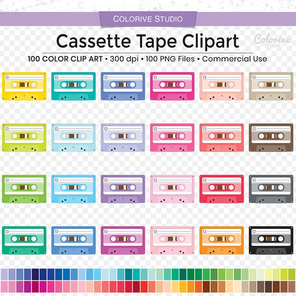 100 Cassette Tape clipart rainbow colors retro record music audio tape png illustration planner stickers personal and commercial use