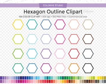 May include: A set of 100 hexagon outline clipart images in various colors. The hexagons are outlined in different colors, including yellow, green, blue, purple, red, pink, brown, and black. The hexagons are arranged in a grid pattern. The image also includes a color palette of 100 different colors.