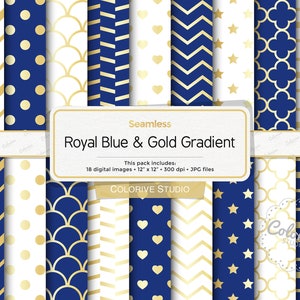 Royal blau, weiß & Gold digitales Papier, Hochzeitspapiere mit Farbverlauf von blau zu weiß und gold (Instant Download)